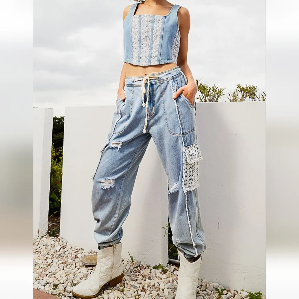 New! POL Crochet Lace Denim Cargo Joggers - Picture 8 of 8